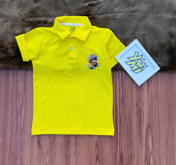 Vibrant Yellow Kids’ Polo Shirt with Playful Cartoon Print - YUMI.PK