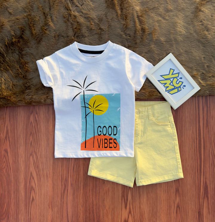 Trendy Kids’ White Printed Tee and Yellow Cotton Shorts Pair set - YUMI.PK