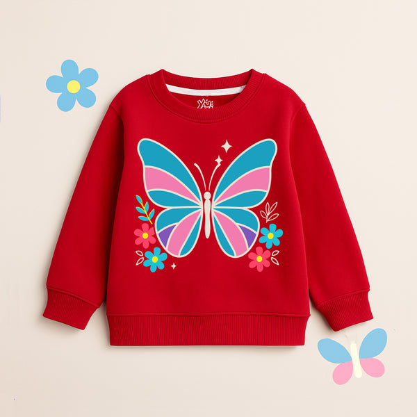 Girls red sweatshirt with colorful butterfly and flower print – Yumi.pk kids winter wear