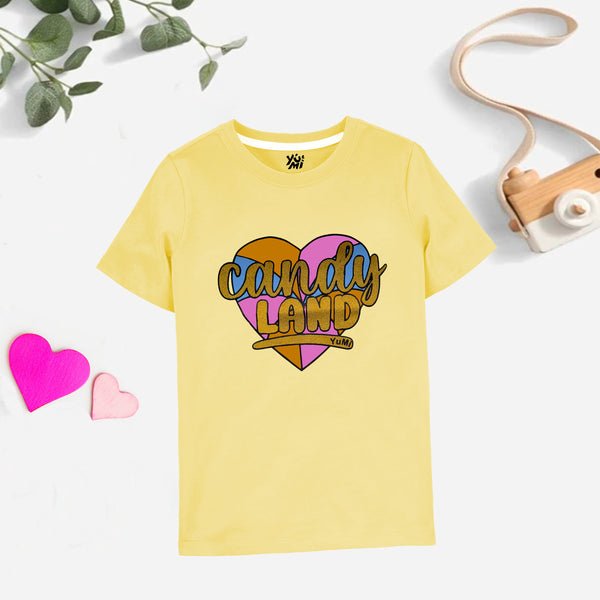 Sweet Tooth Surprise: Light Yellow Candy Heart T-Shirt for Girls