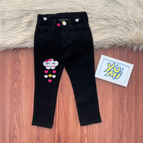 Girls jet black jeans with heart embroidery 