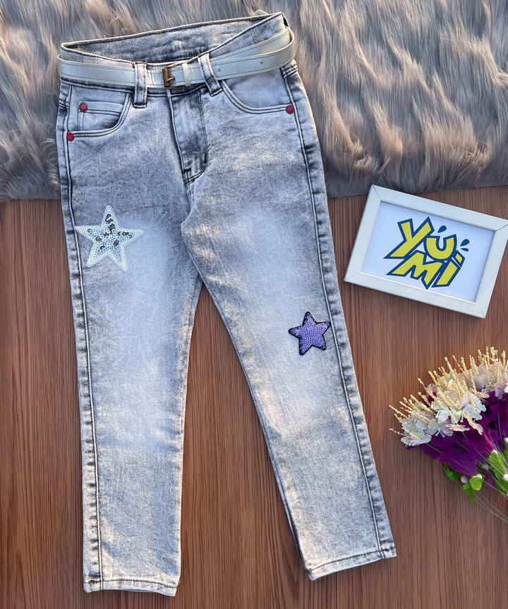 Girls gray jeans with sequence star patch fashion