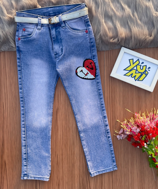 Girls Blue Jeans with Star Sequence Heart Patch 