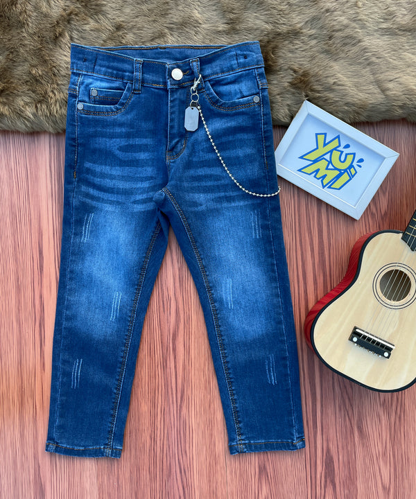 Boys' Super Stone Jeans with Whiskers, Distressed Wash, and Chain.