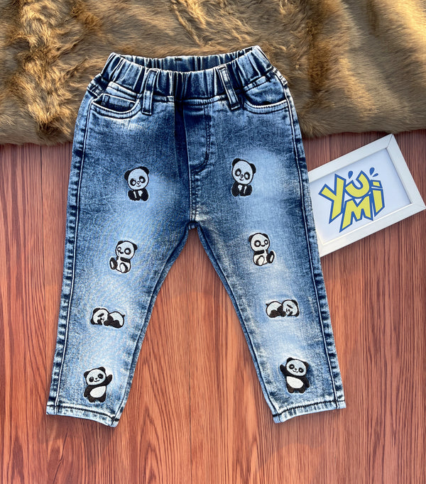 kids blue panda embroidery jeans