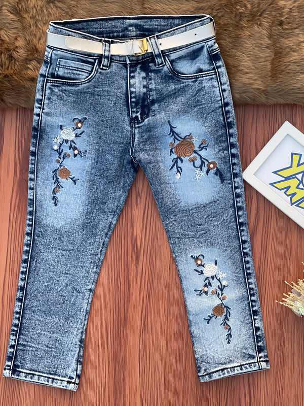 Girls' Blue Jeans with Embroidered Flowers and a White Belt 