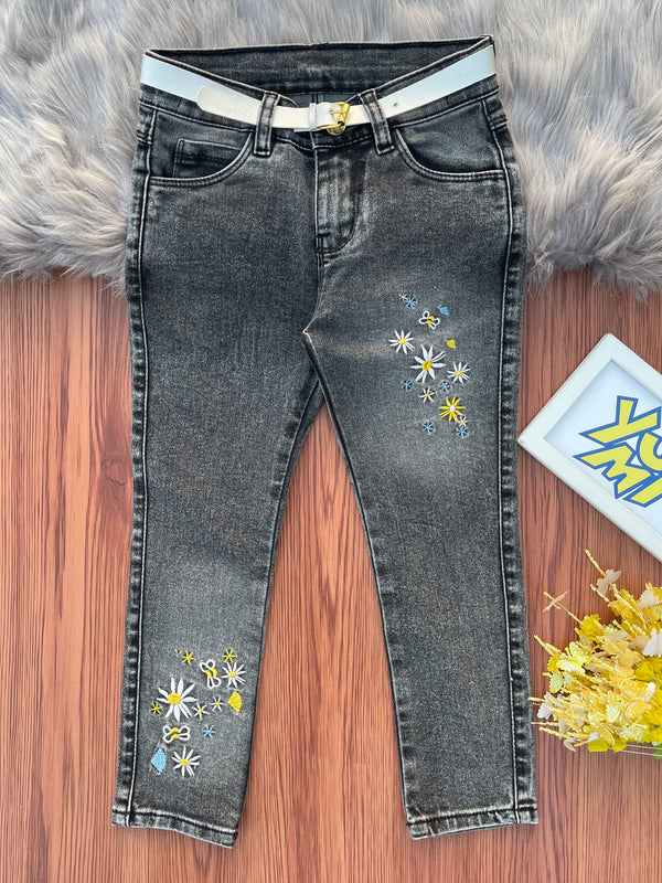 Trendy Girls' Jeans Black with Multi-color Embroidery