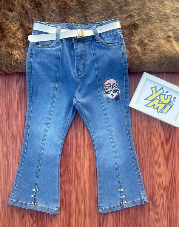 Bell Bottom Flare Fit Jeans for Girls | Doll Embroidery & Pearl Detailing