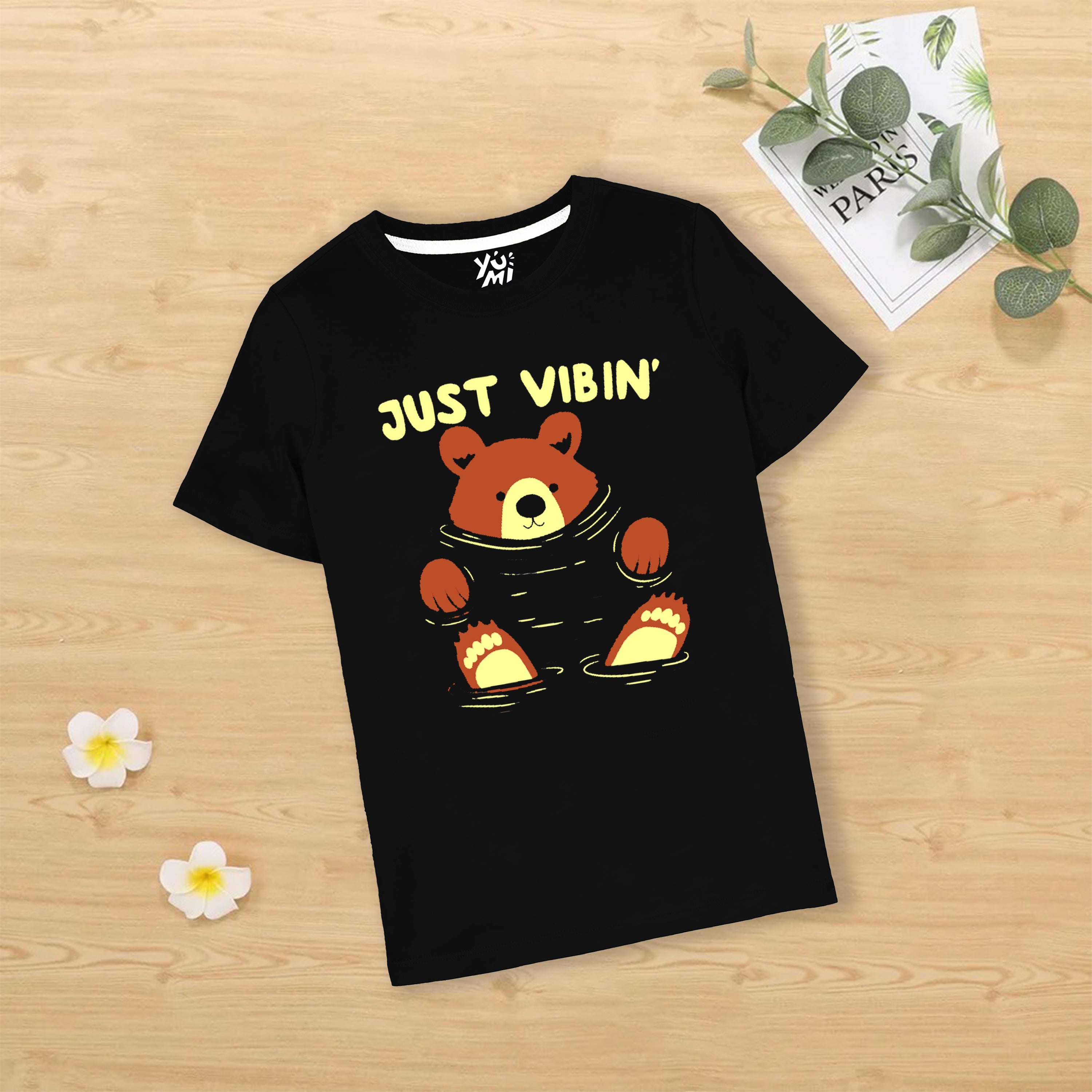 Just Vibing Bear Kids Black T Shirt for Relaxed Fun