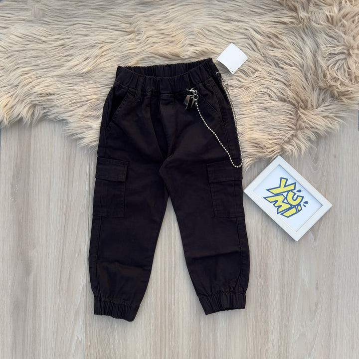 Kids’ Black Cotton Twill Cargo Trousers | Comfortable & Durable - YUMI.PK