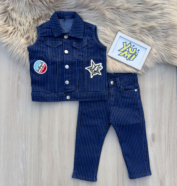 Boys' Denim Sleeveless Jacket Set with Striped Jeans