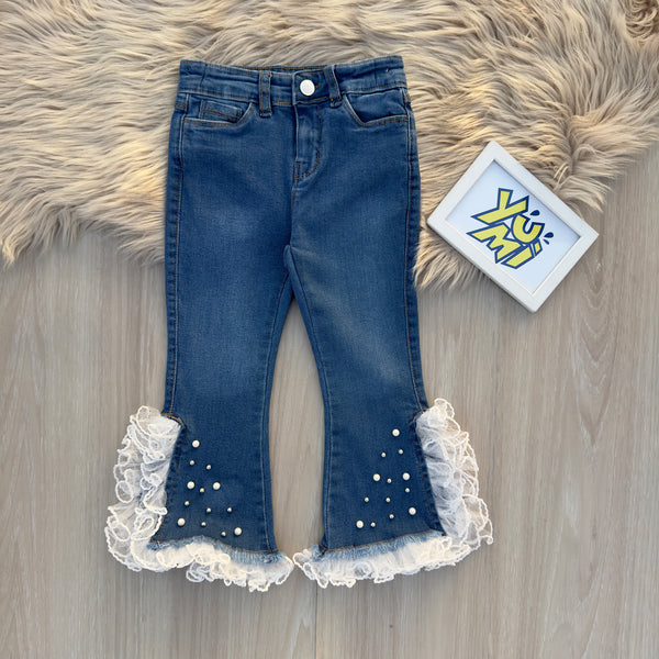 Trendy Mid Blue Girls’ Jeans with Frill and Pearls - YUMI.PK