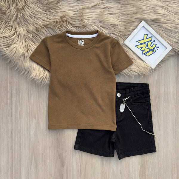 Stylish Kids Brown T-Shirt & Black Shorts Set
