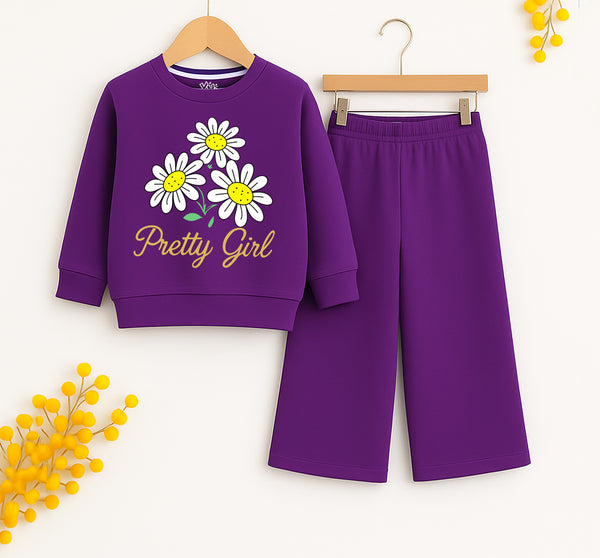 Purple girls' sweatshirt and pant set with white daisy print and "Pretty Girl" text – Yumi.pk kids outfit
