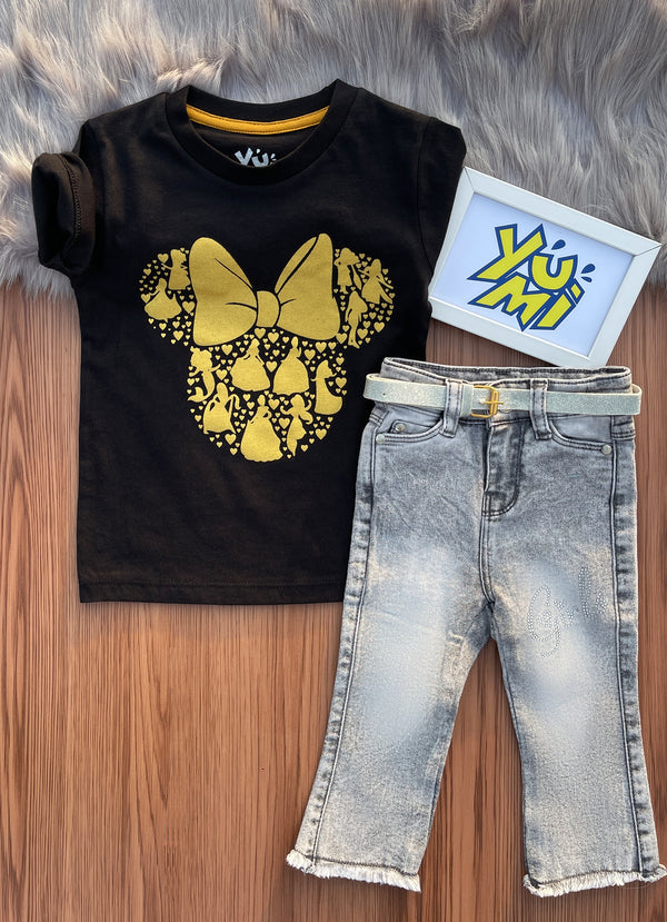Girls Gold Print black T-Shirt with Grey Flare Fit Bell Bottom Jeans Set