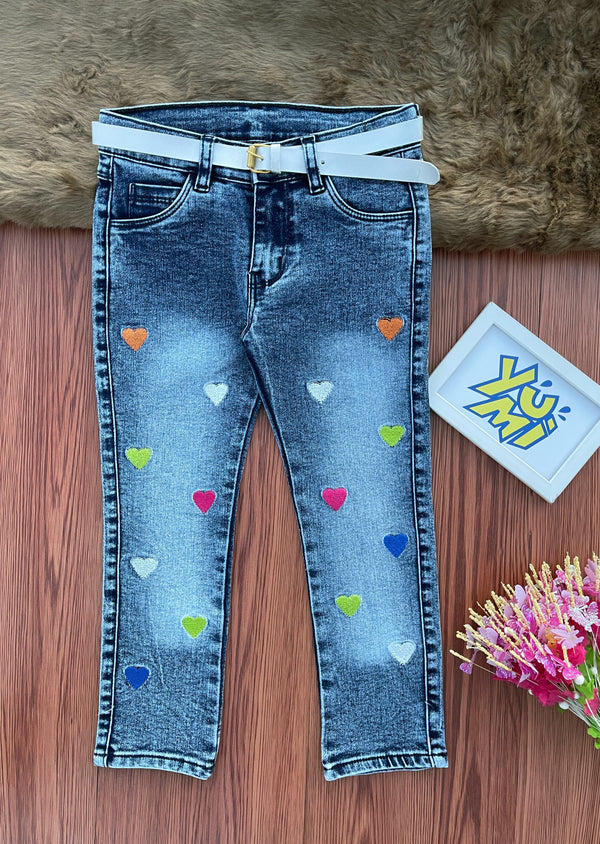 Girls'  Blue Jeans with Colorful Heart Embroidery