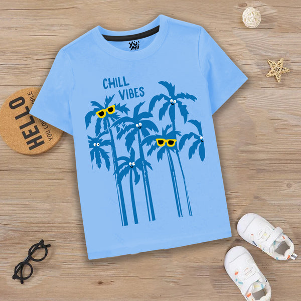 Stay Cool with Our Sky Blue T-Shirt - Chilling Vibes with Tree Print