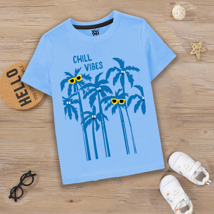 Stay Cool with Our Sky Blue T-Shirt - Chilling Vibes with Tree Print