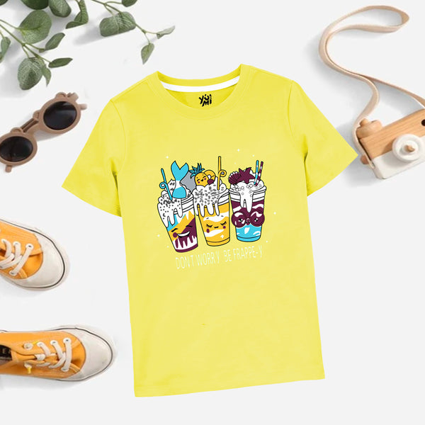 Spread Happiness with Our Girls T-Shirt with "Don't Worry Be Happy" and "Shakes Ice Cream" Print