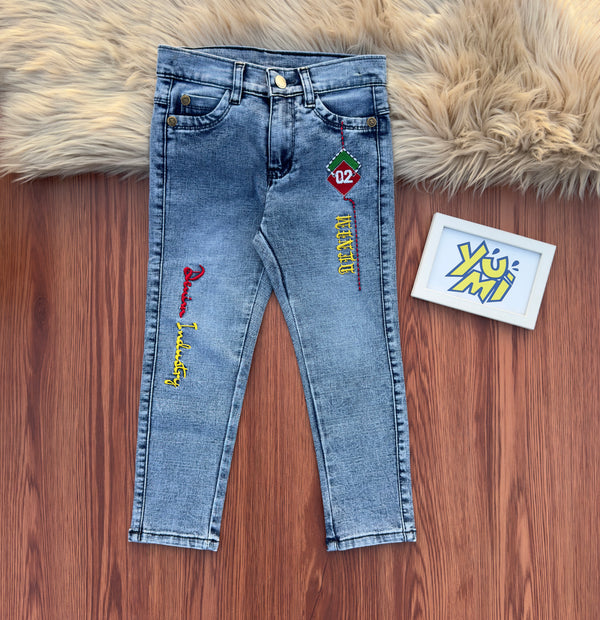 boys blue self design embroidery jeans