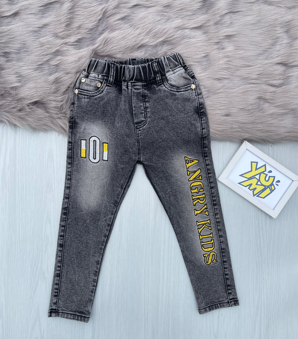 boys black denim with angry kids embroidery 