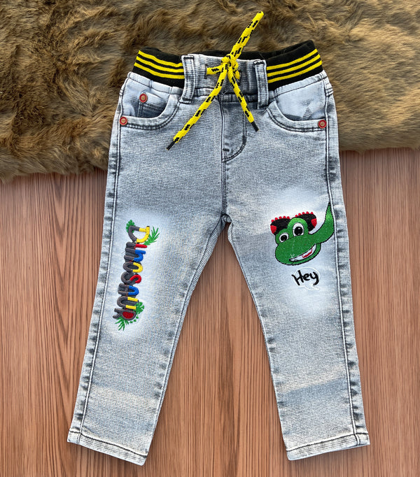 Cute and Comfy Gray Jeans for Kids with Dinosaur Embroidery - YUMI.PK