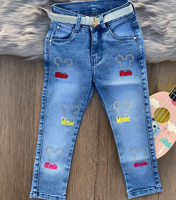 Minnie Embroidered Baby Girls Jeans with Rhinestone - Cute and Stylish Denim for Your Little Princess - YUMI.PK