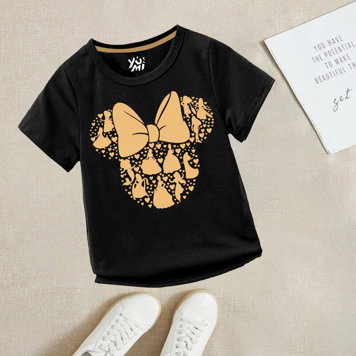 Add Some Magic to Your Girl's Wardrobe with Our Black T-Shirt in Gold Minnie Print - YUMI.PK